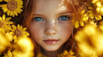 Portrait of a child with striking blue eyes surrounded by vibrant yellow daisies A celebration of youth and nature's beauty photo