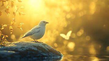 A serene moment in golden light a white bird perched on a rock by the water bathed in warm sunlight nature's harmony photo