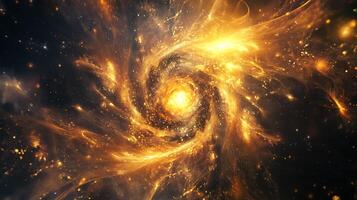 Abstract galactic formation with swirling golden energy Center light Dark void Stars visible Complex patterns emerge photo