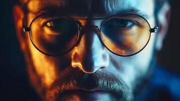 Close-up portrait of a man with a beard and glasses illuminated by a mix of warm orange and cool blue lighting photo