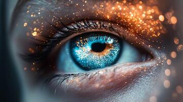 Close-up of a captivating eye shimmering with golden specks and vibrant blue hues A mesmerizing display of light and color photo