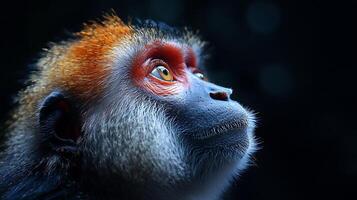 Captivating close-up portrait of a monkey gazing upward revealing intricate details of its fur and expressive features photo