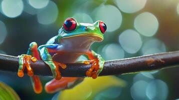 A vibrant red-eyed tree frog its bright colors popping against the bokeh background adds a touch of wonder to nature photography photo