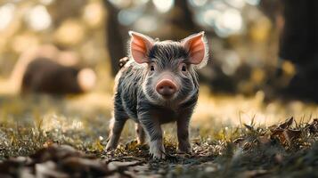 A cute piglet waddles through a grassy field its snout pink and its ears perked backlit by golden sunlight photo