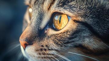 A close-up captures the essence of a tabby cat's face highlighting its striking amber eye and intricate fur patterns photo