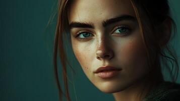 Portrait of a young woman with light hair and freckles showcasing natural beauty and a serene expression against a muted backdrop photo
