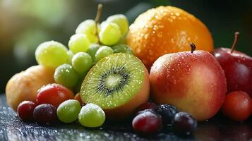 Vibrant still life featuring a variety of colorful fruits with water droplets creating a fresh and inviting display photo