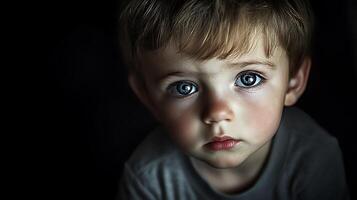 Intense portrait of a young boy with striking blue eyes set against a dark contrasting backdrop conveying innocence photo