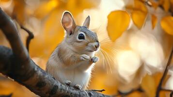 Adorable chipmunk perched on a tree branch amidst the warm autumnal hues of turning leaves in a forest setting photo