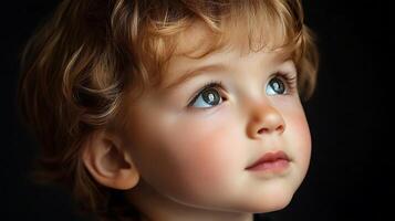 Innocence captured A young child with curly hair gazes upwards with wonder evoking a sense of pure fascination photo