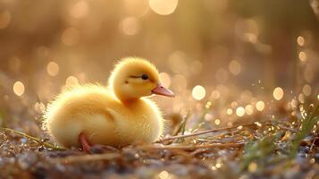 A fluffy yellow duckling rests in the grass bathed in the warm glow of the setting sun So incredibly adorable photo