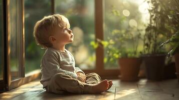 Young child gazing upwards with wonder Sunlight streams through the window highlighting innocence and curiosity photo