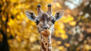 Close-up giraffe portrait with fall foliage backdrop showcasing its unique patterns and gentle expression photo