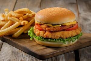 A tempting crispy chicken burger with fresh toppings and fries, served on a rustic wooden board. photo