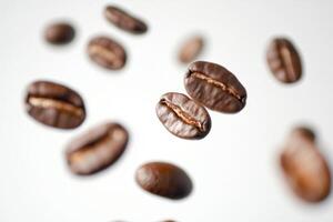 Scattered roasted coffee beans create a visually appealing pattern, symbolizing the essence of a fresh brew. photo