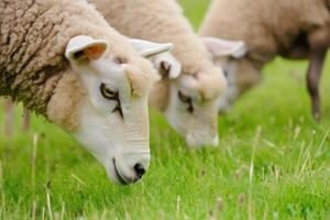 A close-up of a group of sheep peacefully grazing in a vibrant green pasture on a sunny day. photo