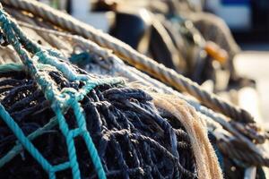 Weathered fishing nets and ropes are piled high, ready for a day of fishing on the open sea. photo