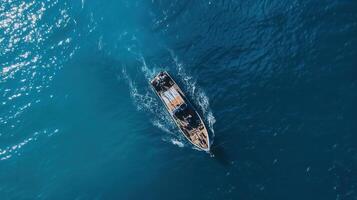 An aerial view shows a boat sailing on the deep blue water, creating a foamy wake behind it. photo