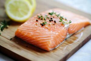 An appetizing close-up of a fresh salmon fillet seasoned with thyme and peppercorns on wood. photo