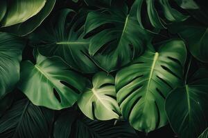 A close-up of vibrant, deep green monstera leaves creates a lush tropical background with unique patterns. photo