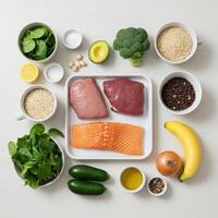 A variety of fresh, whole foods displayed from above to illustrate a healthy and balanced diet. photo