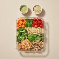 A balanced meal prep container features grilled chicken, quinoa, fresh vegetables, and dipping sauces. photo