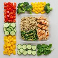 A neatly arranged meal prep container with chicken, quinoa and colorful fresh vegetables is ready to eat. photo