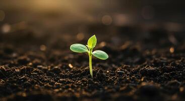 A tiny seedling sprouts from the dark soil, reaching for the sunlight in early spring. photo