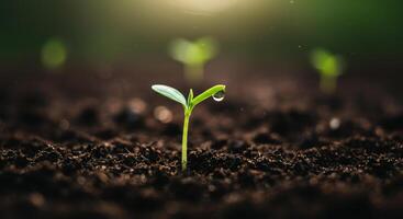A tiny sprout with a single water drop symbolizes fresh beginnings and the promise of new growth. photo