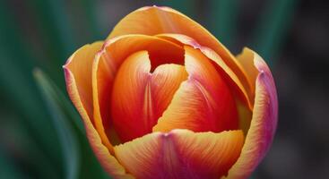 A single tulip glows with vibrant orange and red petals, captured in a macro image. photo
