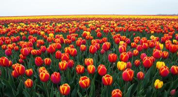 Vibrant tulips create a stunning tapestry of color across the field in the spring sunshine. photo