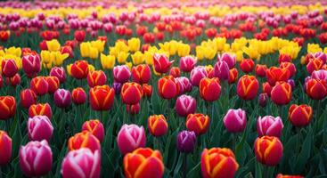 A beautiful field of vibrant tulips in red, yellow, and pink hues, blooming in the spring. photo