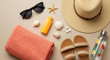 Beach essentials arranged in a visually appealing flat lay evoke the feeling of a relaxing summer vacation. photo