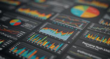 An array of business graphs and charts displayed on a dark digital interface for data analysis. photo