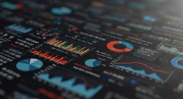 Detailed financial data analysis shown on a dark display screen with various graphs and charts. photo