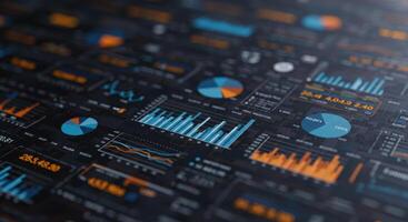 An abstract digital dashboard display shows data charts, graphs, and tables for business intelligence. photo