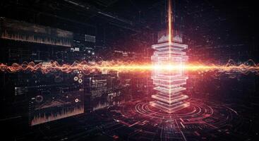 Digital data core visualization featuring glowing sound waves and holographic projections in a high-tech environment. photo