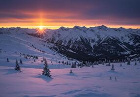 A breathtaking mountain landscape covered in snow with coniferous trees reflecting the colors of the sunset. photo