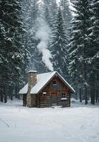 A rustic log cabin nestled in a snow-covered forest exudes warmth with smoke rising from its chimney. photo