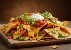 A tempting plate of fully loaded nachos with all the fixings, ready to enjoy as a snack. photo