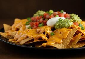 A delicious plate of loaded nachos generously topped with cheese, guacamole, and pico de gallo. photo
