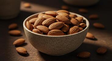 A close-up of a bowl filled with nutritious almonds, bathed in soft sunlight on a dark wooden table. photo