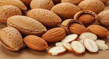 A lovely display of fresh almonds in their shells, alongside shelled and sliced almonds on a neutral surface. photo
