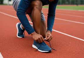Man preparing for a run, tying shoelaces on the track before starting training session. photo