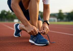 A runner is tying his shoelaces on a red running track photo