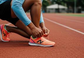 Man tying his orange running shoes, poised on a track, ready for a race event photo