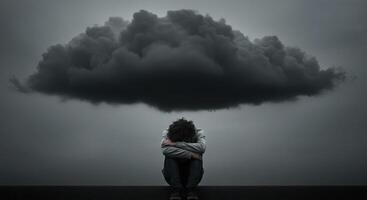 Under a dark cloud, a symbolic representation of the weight of sadness and mental health challenges. photo