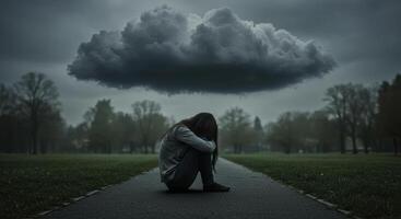 Under a dark cloud, a woman reflects on feelings of sadness and solitude in the quiet park. photo