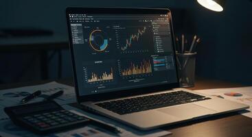 Laptop displaying financial charts and data suggesting strategic investment analysis and planning in a modern office. photo