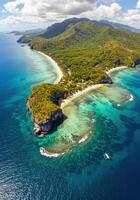 Experience the breathtaking aerial view of a tropical island with pristine beaches and turquoise waters. photo
